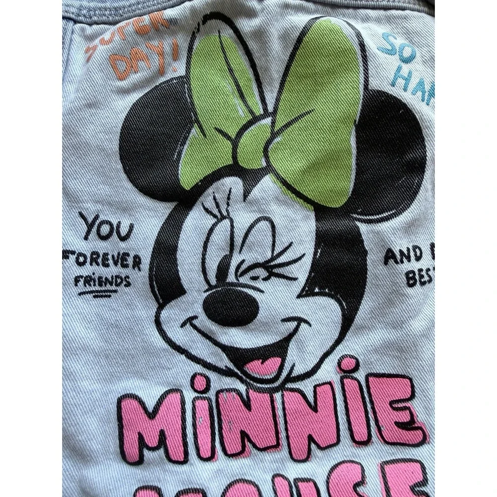 Zara Kids Disney Minnie Mouse Graffiti Denim Jacket Light Wash Girls Sz 5-6 Euc
